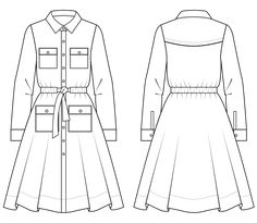 the front and back view of a women's dress with pockets on both sides