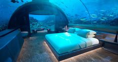 an underwater bedroom is shown in this image