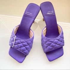 Jeffrey Campbell Purple Leather Slip On Sandals. Quilted With Square Toe. Sz 6/36 Heel Height 2.75 Inches Chic Purple Square Toe Heels, Purple Pointed Toe Synthetic Sandals, Purple Open Toe Heels With Padded Heel, Chic Purple Leather Sandals, Spring Purple Open Toe Mules, Spring Season Purple Open Toe Mules, Purple Closed Toe Sandals With Padded Heel, Purple Open Toe Sandals With Padded Heel, Purple Sandals With Padded Heel And Round Toe