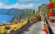 a scenic view of the ocean and mountains from a stone walkway with potted plants