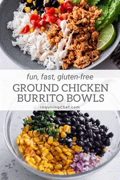 the ingredients for this chicken burrito bowl are shown in separate bowls, including rice, corn, black beans, and cilantro