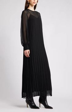 Nordstrom Pleated Long Sleeve Layered Chiffon Dress | Nordstrom Layered Chiffon Dress, Long Sleeve Layer, Jewel Neck, Fabric Gifts, Free Fabric, Black Fits, Nordstrom Dresses, Pleated Dress, Chiffon Dress