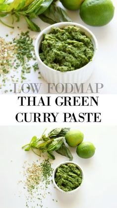 two bowls filled with green curry paste next to limes and other ingredients on a white surface