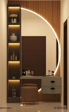 the interior of a modern bathroom is lit up with lights and shelving units, along with an oval mirror