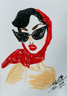 a drawing of a woman wearing sunglasses and a red scarf