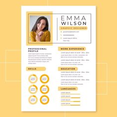 a professional resume template with yellow accents on the front and back cover, in an orange background