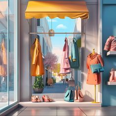 an animated view of the inside of a store with clothing and shoes hanging on racks