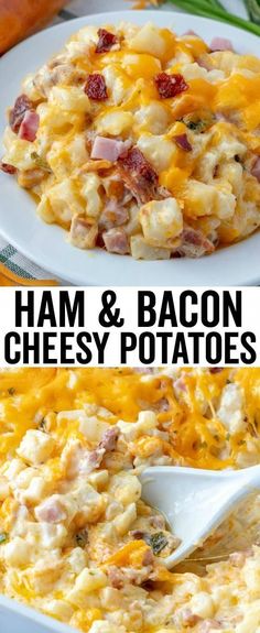 ham and bacon cheesy potatoes in a casserole dish with a serving spoon