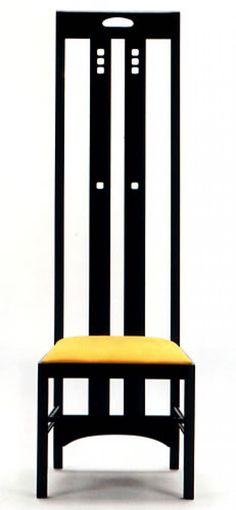 a black chair with a yellow seat pad on the bottom and back side, in front of a white background