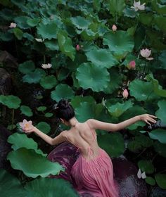 a woman in a pink dress sitting on water lilies