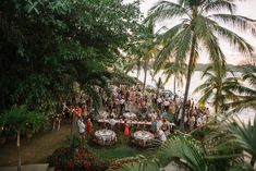 a group of people standing around a table with white clothed tables surrounded by palm trees