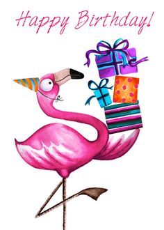 a pink flamingo with a birthday hat and presents