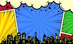 pop art background with cityscape and sunburst in comic book style illustration