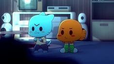 two cartoon characters standing next to each other in front of a flat screen tv set