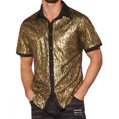 Lars Amadeus Metallic Shirts for Men's Metallic Short Sleeves Sparkly Contrasting Color Shiny Disco Shirt. The unique and stylish design of this metallic shirt will make you stand out from the crowd. Metallic shirts are suitable for many occasions, including stage performances, discos and parties, music festivals, and street photography. Features metallic design, contrasting color, button down, short sleeves, and party style. Hand wash only, do not machine wash and do not iron. Metallic Shirt, Satin Shirts, Metallic Shorts, Disco Shirt, Metallic Design, 70s Disco, Sleeve Packaging, Party Style, Disco Party