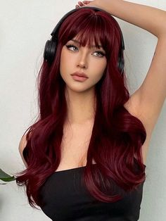 Dark Vampire Red Hair, Wine Cherry Hair, Redish Hair Colour, Red Hair On Brown Skin Women, Wine Red Hair With Bangs, Red Hair On Pale Skin, Bright Burgundy Hair, Red Bangs Hair, Red Hair Makeup Looks