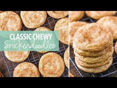 some cookies are cooling on a rack and the words classic chewy snickkerdoodles