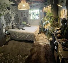 a bed room with a neatly made bed and lots of plants