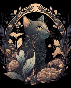 a cat sitting in the middle of flowers and leaves with an ornate frame around it