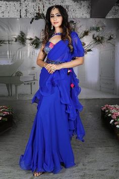 Shop for Archana Kochhar Blue Georgette Pre-draped Ruffle Saree With Blouse for Women Online at Aza Fashions Saree Ruffle, Archana Kochhar, Lotus Motifs, Draped Saree, Ruffle Saree, Keyhole Blouse, Embroidered Belt, Drape Saree, Blue Saree