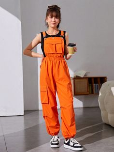 Orange Casual Collar Sleeveless Fabric Plain Overall Embellished Non-Stretch  Teen Girls Clothing Orange Overalls Outfit, Workwear Jumpsuit, Orange Jumpsuit, Girls Party Wear, Casual Street Wear, Orange Outfit, Teen Girl Dresses, Easy Trendy Outfits