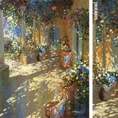 two paintings of an outdoor area with flowers and plants on either side of the room