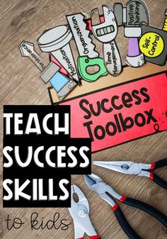 the words teach success skills and scissors on top of a wooden table with cut outs