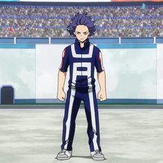 an anime character standing in front of a stadium