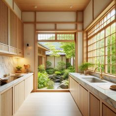 a kitchen with an open door leading to a small garden outside the window that leads out into the yard