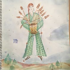 a drawing of a woman holding wheat stalks in her hands and the zodiac sign m