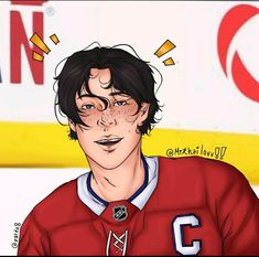 a drawing of a hockey player wearing a red jersey