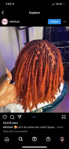 Copper Red Hair Color Black Women Locs, Burnt Orange Locs Dreadlocks, Ginger Copper Locs Black Women, Ginger Orange Locs Black Women, Paprika Locs Black Women, Loc Colors For Black Women, Fall Loc Colors Ideas, Loc Fall Colors