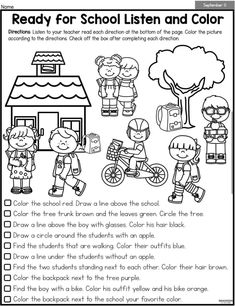 the worksheet for reading and writing about school listen and color, with pictures of children