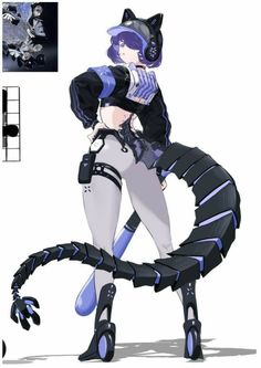 an anime character is dressed in black and white with blue accents, holding a large claw like object