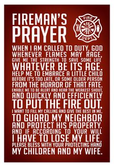 a fireman's prayer poster with the words in white and red on it