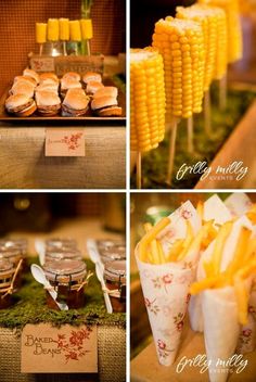 corn on the cob and other food items at a wedding or baby shower party