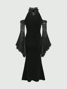 Gothic Elegant Sexy Open Shoulder Flared Sleeve Mermaid Hem Lace & Velvet Patchwork Dress For Women Black Party  Three Quarter Length Sleeve Velvet Plain Bodycon Non-Stretch,Slight Stretch  Women Clothing, size features are:Bust: ,Length: ,Sleeve Length: Black Velvet Mermaid Dress, Gothic Bodycon Dress For Party, Gothic Stretch Dresses For Party, Black Fitted Mermaid Dress, Elegant Fitted Dresses For Halloween, Elegant Bodycon Dress For Costume Party, Fitted Black Mermaid Dress, Gothic Stretch Bodycon Party Dress, Gothic Stretch Bodycon Dress For Party