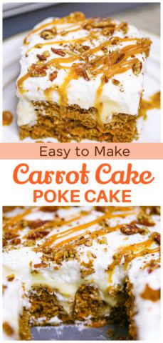 carrot cake with cream cheese frosting and caramel drizzle on top is shown