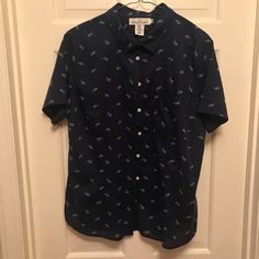 A Navy Button Up Shirt From H&M. It Is Extremely Lightweight And Has A Front Pocket. Has Sunglasses On It. Never Worn. H&m Cotton Shirt For Everyday Wear, H&m Cotton Shirt For Everyday, Everyday H&m Cotton Shirt, H&m Summer Shirt For Everyday Wear, Trendy H&m Summer Shirt, Casual H&m Shirt For Day Out, H&m Cotton Button-up Shirt, H&m Shirt For Everyday Spring Wear, H&m Fitted Button Shirt