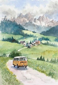 a watercolor painting of a van driving down a country road