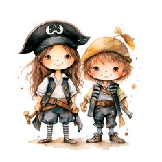 two children dressed in pirate clothing and hats, one is holding the other's hand