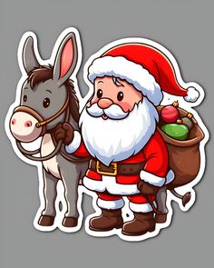 a donkey and santa claus sticker on a gray background