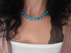 Indicolite 8mm Swarovski Crystal Chatons by ParisiJewelryDesigns, $80.00 Cheap Blue Bohemian Crystal Necklaces, Swarovski Necklace, Crystal Choker, Tennis Necklace, Blue Jewelry, Chain Choker, Blue Crystals, Gold Plated Jewelry, Jewelry Trends