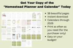 a calendar with the words get your copy of the homestead planner and calendar today