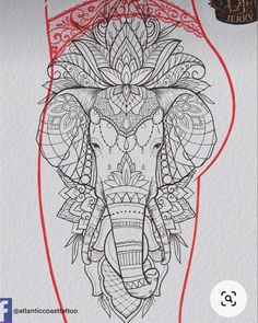 an elephant with intricate designs on it's face and head is shown in red ink