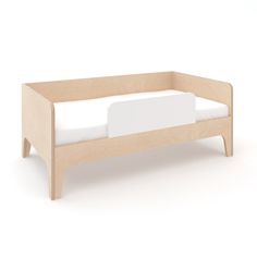 a wooden bed frame with white sheets and pillows on it, against a white background