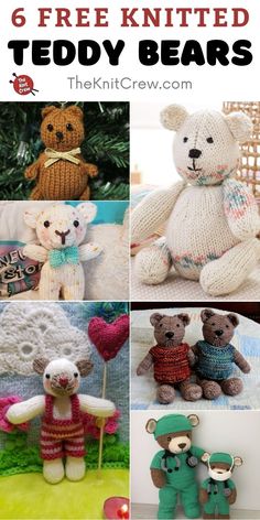 six free knitted teddy bears with text overlay