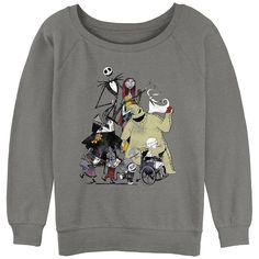 a grey sweatshirt with cartoon characters on it