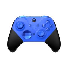 a blue and black controller with buttons on it's side, in front of a white background