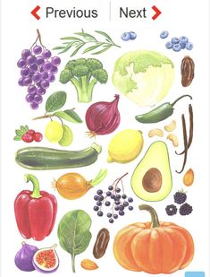 an illustration of various fruits and vegetables on a white background